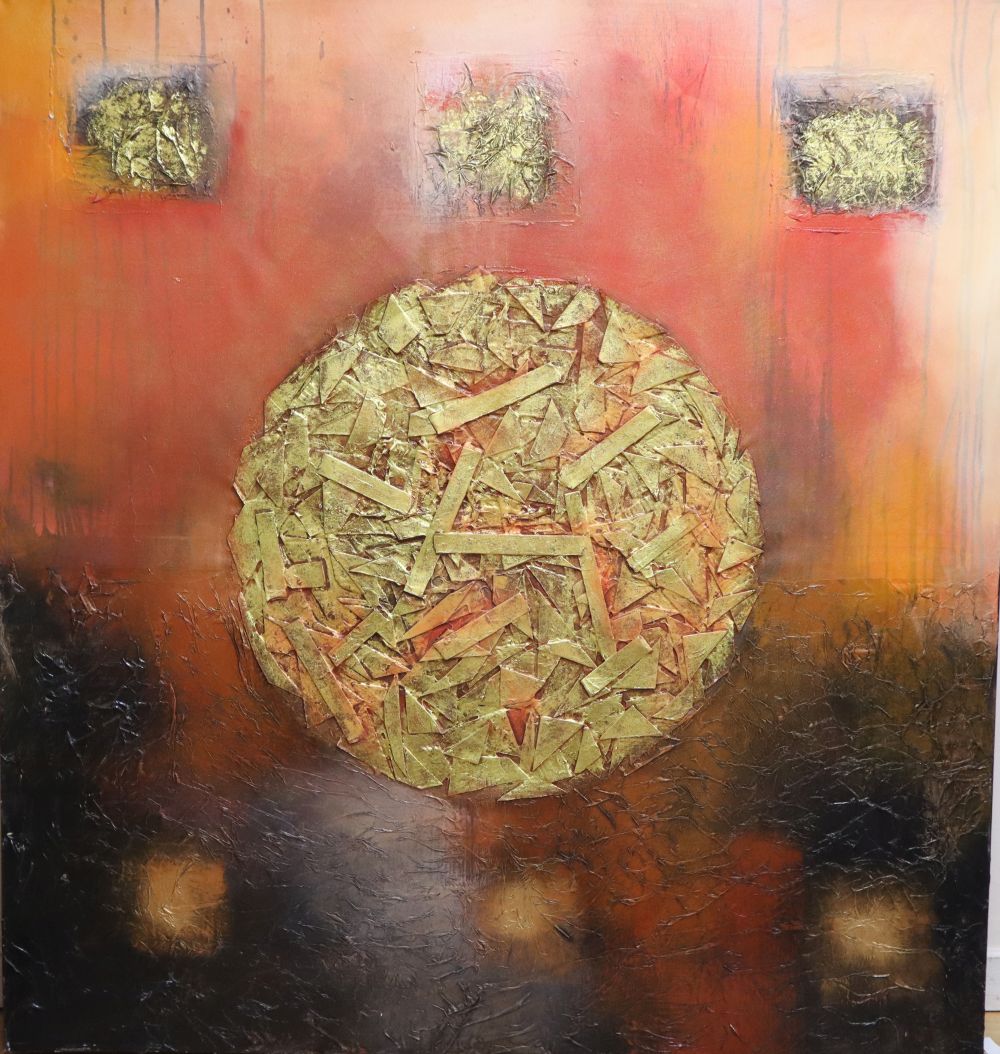 Modern British, mixed media on canvas, Untitled, 150 x 140cm, unframed